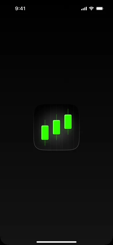 Chart AI launch screen with glowing green candlestick icon