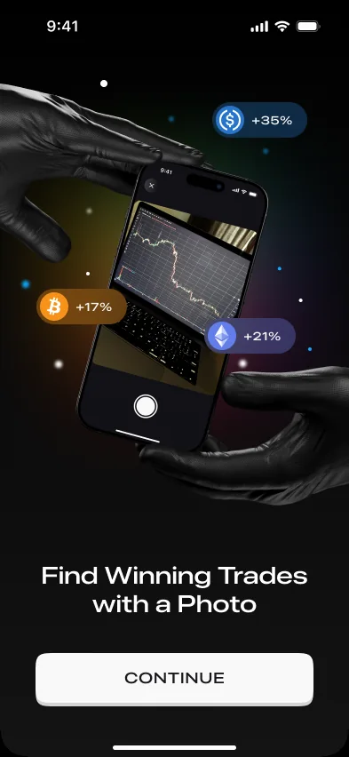 Chart AI screen showing a phone photographing a price chart, titled Find winning trades with a photo