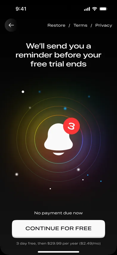 Screen with a bell icon: We will send you a reminder before your free trial ends