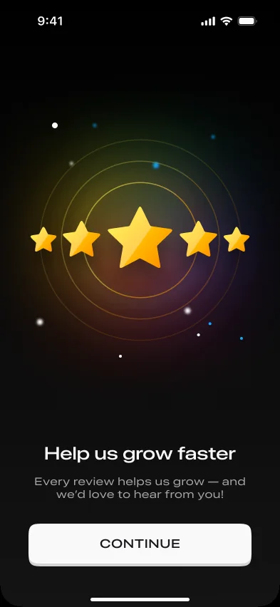 Five gold stars with the text Help us grow faster